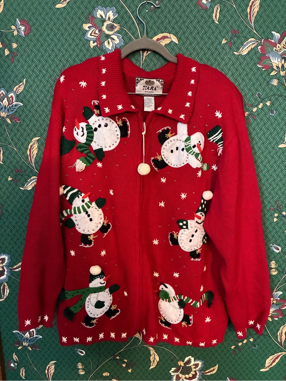 Tiara Red Snowman Zip-Up Holiday Cardigan with Pom-Pom Accents